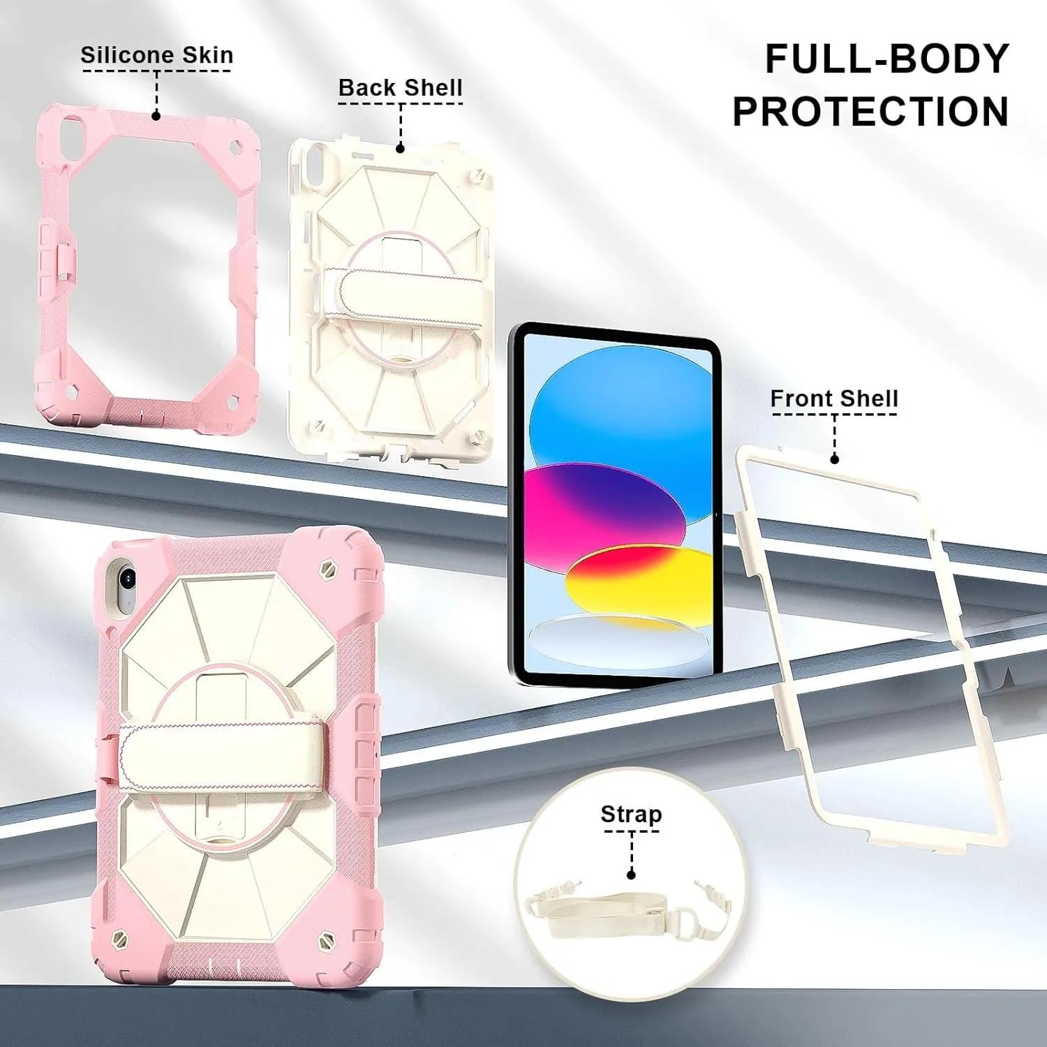 Full Protective Case Compatible with iPad 10th Generation 10.9 inch 2022 Shockproof Kids Case,[Kickstand] [Shoulder Strap] 360 Degree Rotating Hand Strap Stand Bracket Heavy Duty Rugged Cover(Rose Gol
