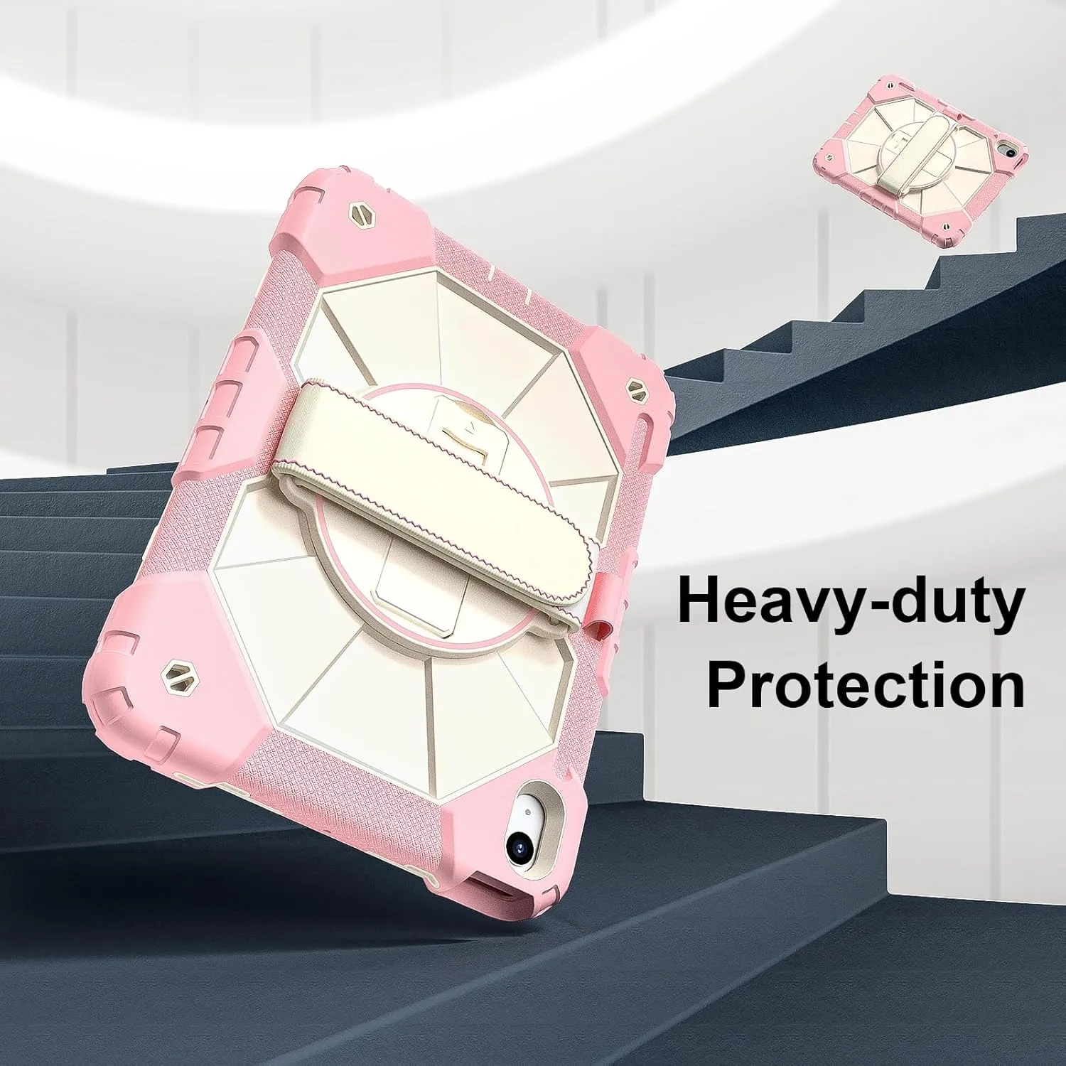 Full Protective Case Compatible with iPad 10th Generation 10.9 inch 2022 Shockproof Kids Case,[Kickstand] [Shoulder Strap] 360 Degree Rotating Hand Strap Stand Bracket Heavy Duty Rugged Cover(Rose Gol
