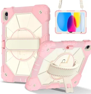 Full Protective Case Compatible with iPad 10th Generation 10.9 inch 2022 Shockproof Kids Case,[Kickstand] [Shoulder Strap] 360 Degree Rotating Hand Strap Stand Bracket Heavy Duty Rugged Cover(Rose Gol