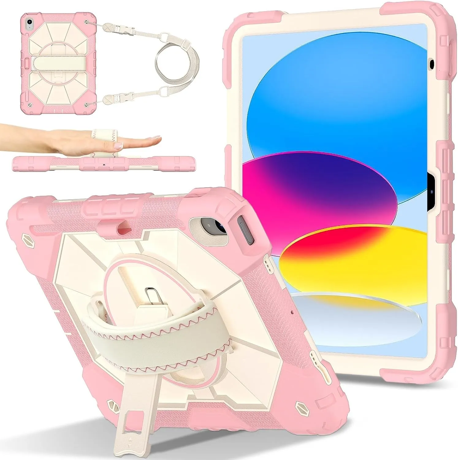 Full Protective Case Compatible with iPad 10th Generation 10.9 inch 2022 Shockproof Kids Case,[Kickstand] [Shoulder Strap] 360 Degree Rotating Hand Strap Stand Bracket Heavy Duty Rugged Cover(Rose Gol