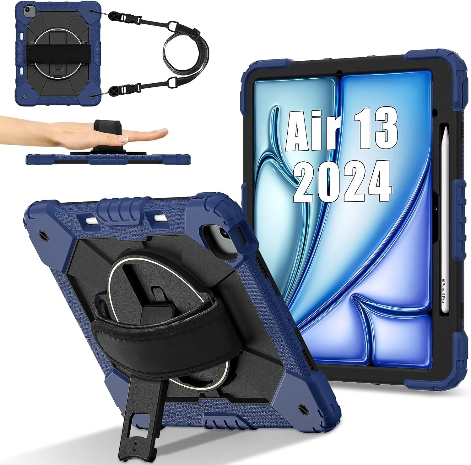 Full Protective Case Compatible with iPad Air 13inch 2024 Shockproof Kids Case,[Kickstand] [Shoulder Strap] 360 Degree Rotating Hand Strap Stand Bracket Heavy Duty Rugged Cover(Navy blue)