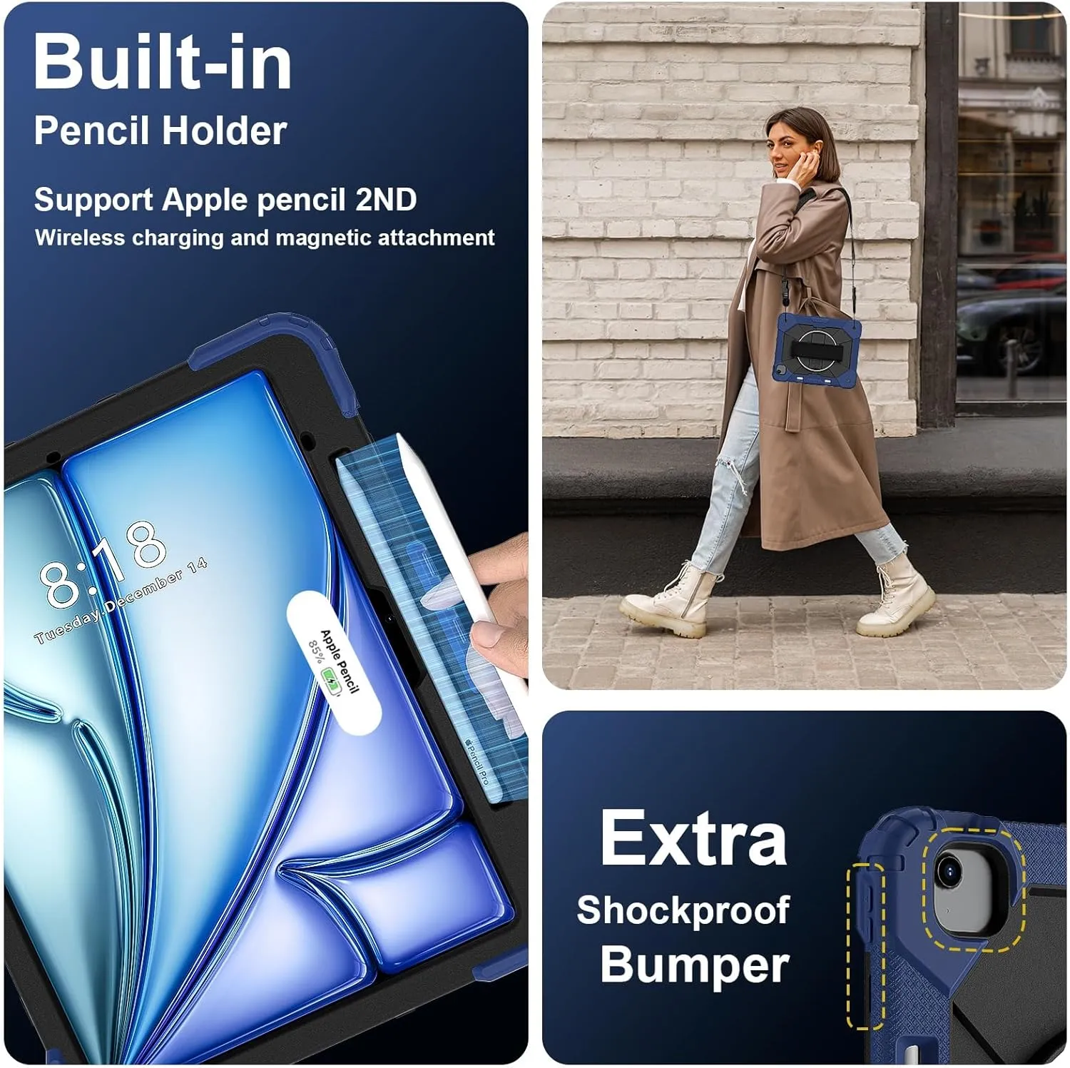 Full Protective Case Compatible with iPad Air 13inch 2024 Shockproof Kids Case,[Kickstand] [Shoulder Strap] 360 Degree Rotating Hand Strap Stand Bracket Heavy Duty Rugged Cover(Navy blue)