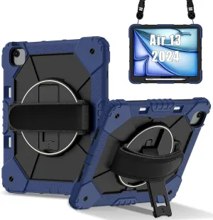 Full Protective Case Compatible with iPad Air 13inch 2024 Shockproof Kids Case,[Kickstand] [Shoulder Strap] 360 Degree Rotating Hand Strap Stand Bracket Heavy Duty Rugged Cover(Navy blue)