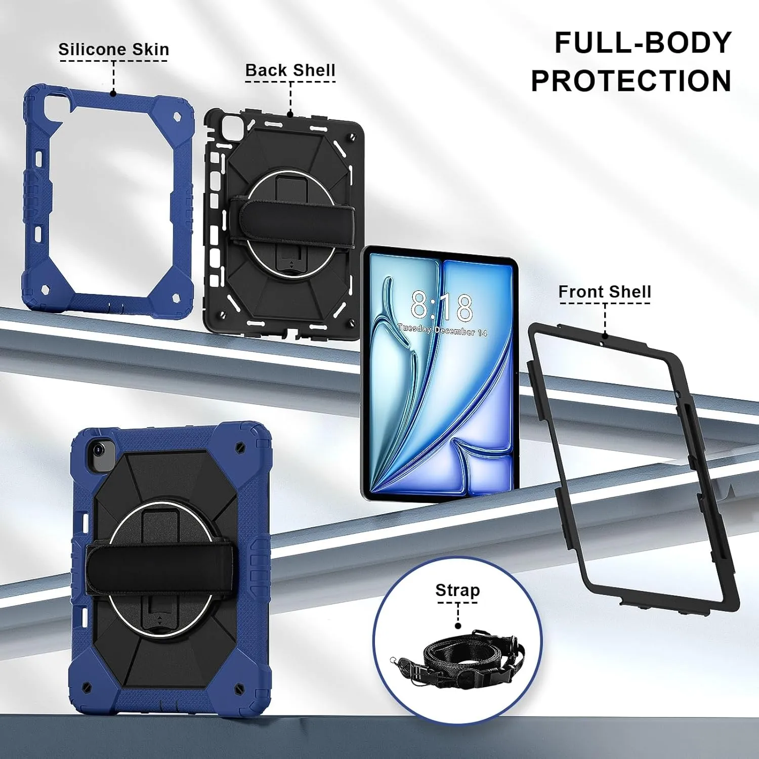 Full Protective Case Compatible with iPad Air 13inch 2024 Shockproof Kids Case,[Kickstand] [Shoulder Strap] 360 Degree Rotating Hand Strap Stand Bracket Heavy Duty Rugged Cover(Navy blue)