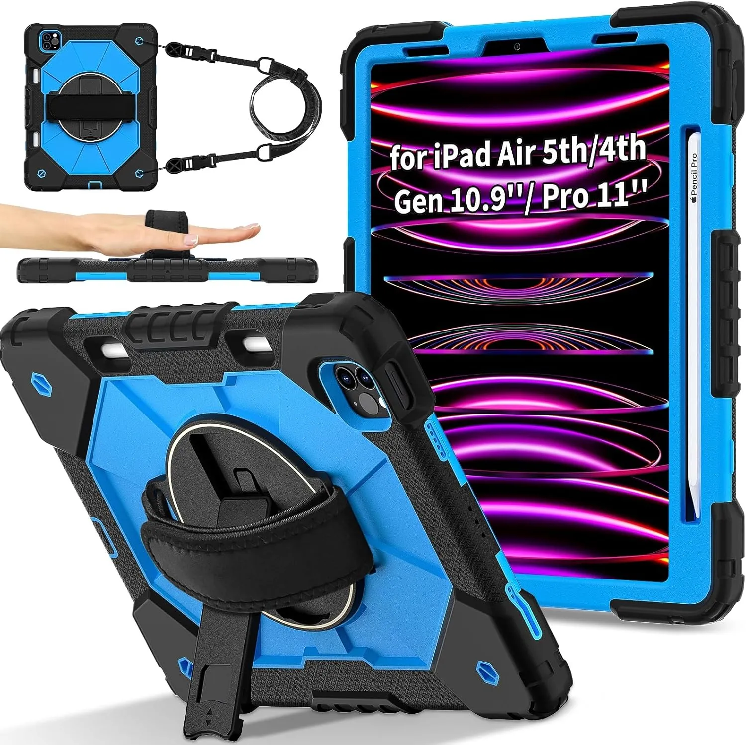 Full Protective Case Compatible with iPad Air4/Air5 10.9/Pro 11 2018/2020/2021/2022 Shockproof Kids Case,[Kickstand] [Shoulder Strap] 360 Degree Rotating Hand Strap Stand Bracket Heavy Duty Rugged Cov
