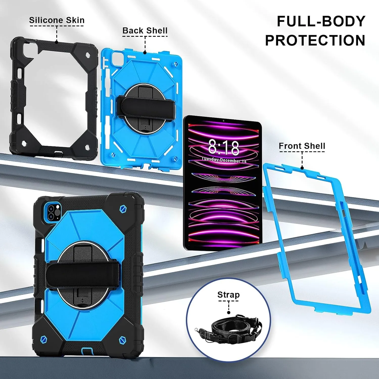 Full Protective Case Compatible with iPad Air4/Air5 10.9/Pro 11 2018/2020/2021/2022 Shockproof Kids Case,[Kickstand] [Shoulder Strap] 360 Degree Rotating Hand Strap Stand Bracket Heavy Duty Rugged Cov