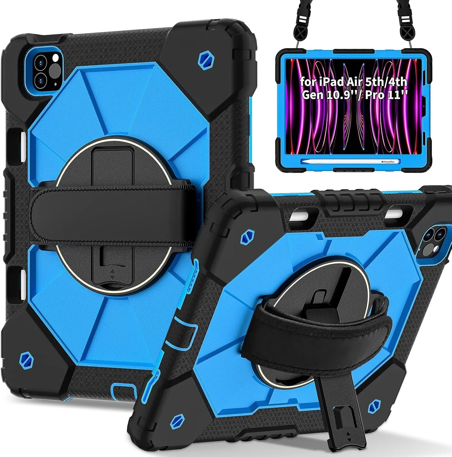 Full Protective Case Compatible with iPad Air4/Air5 10.9/Pro 11 2018/2020/2021/2022 Shockproof Kids Case,[Kickstand] [Shoulder Strap] 360 Degree Rotating Hand Strap Stand Bracket Heavy Duty Rugged Cov