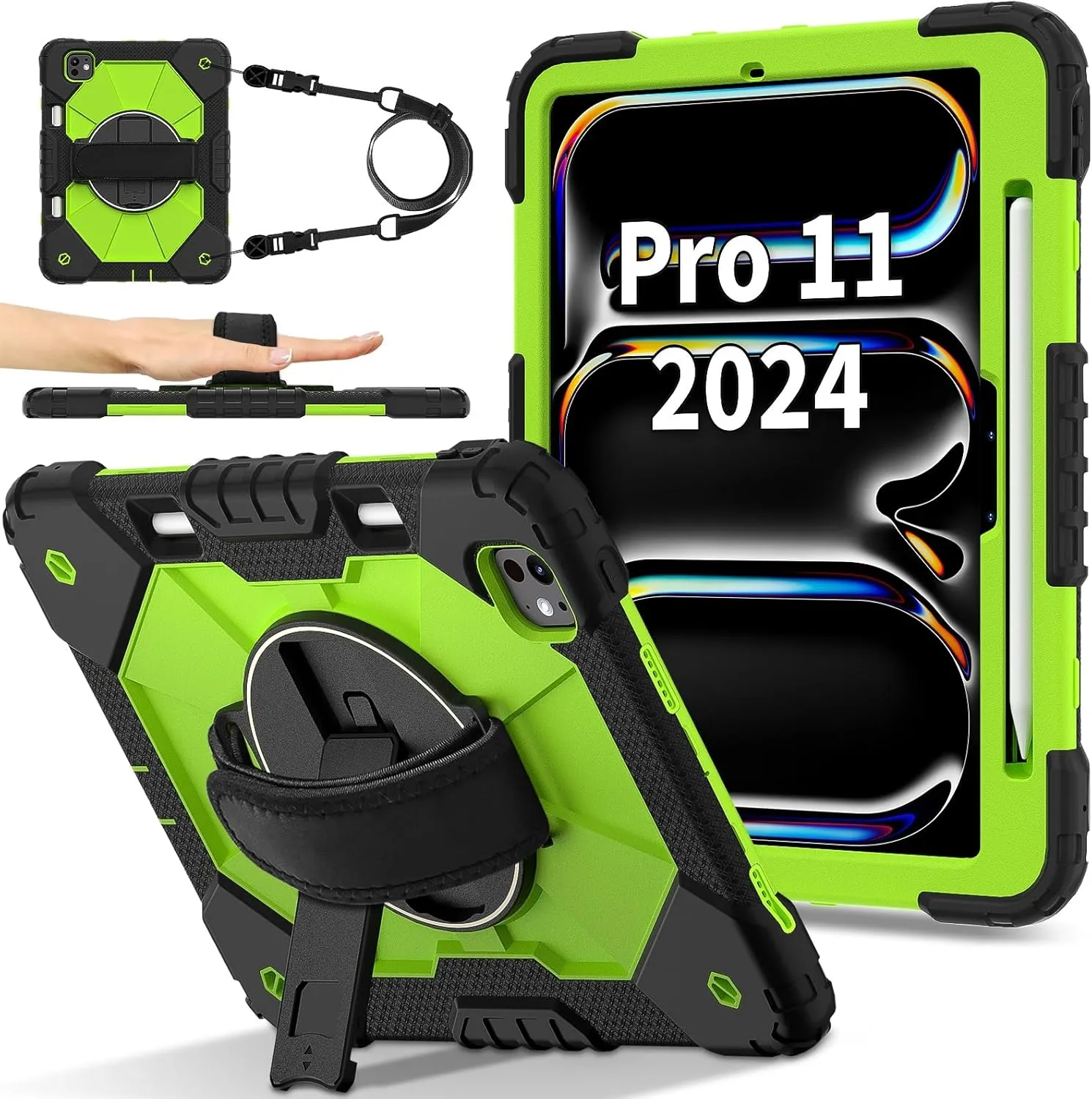 Full Protective Case Compatible with iPad Pro 11inch M4 A2836 Released 2024 Shockproof Kids Case,[Kickstand] [Shoulder Strap] 360 Degree Rotating Hand Strap Stand Bracket Heavy Duty Rugged Cover(Black