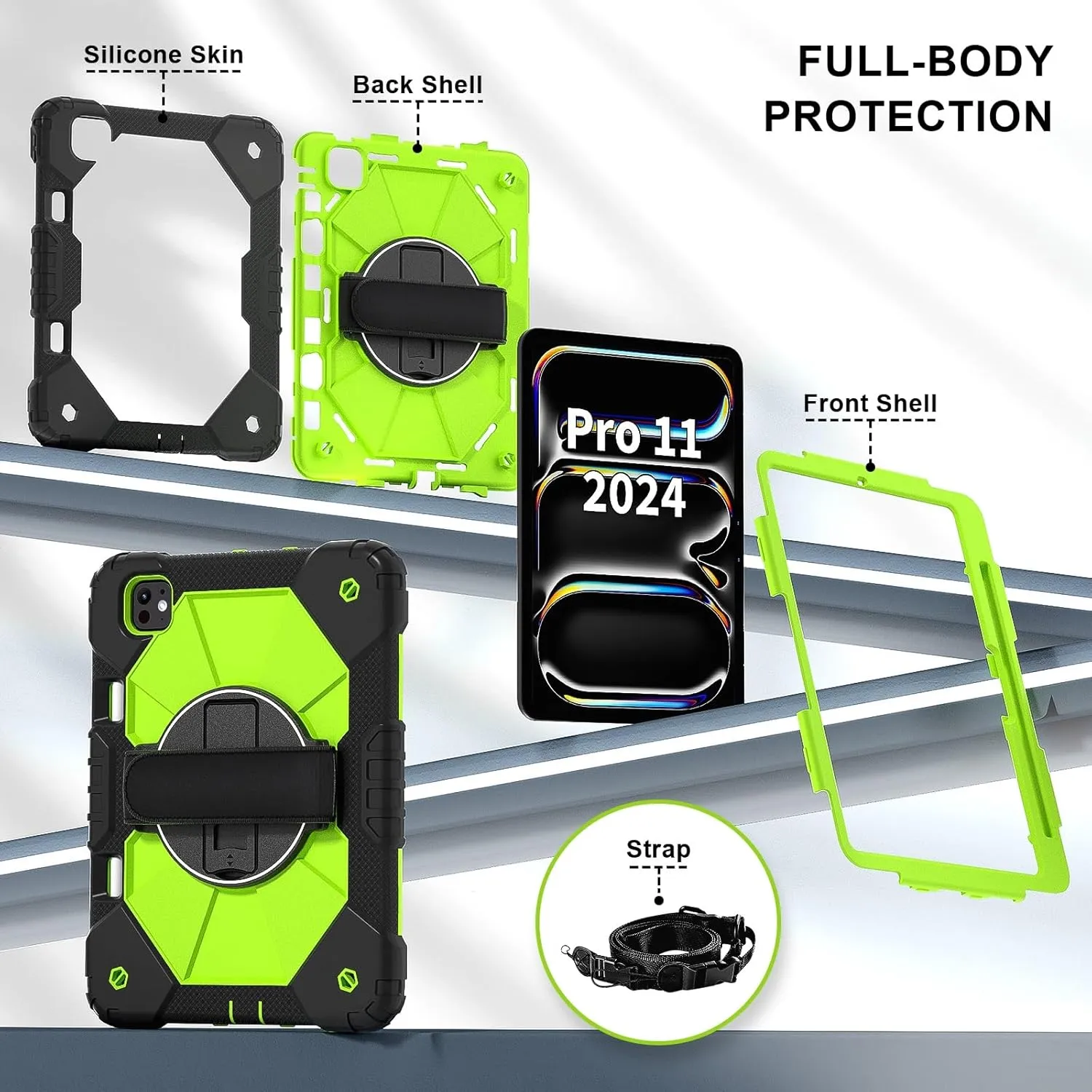 Full Protective Case Compatible with iPad Pro 11inch M4 A2836 Released 2024 Shockproof Kids Case,[Kickstand] [Shoulder Strap] 360 Degree Rotating Hand Strap Stand Bracket Heavy Duty Rugged Cover(Black