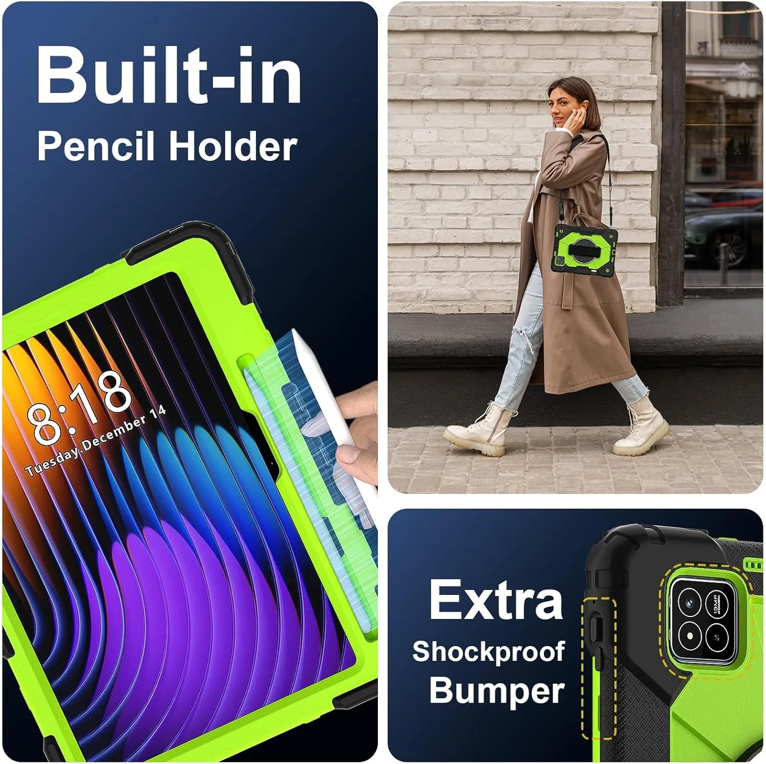 Full Protective Case Compatible with Xiaomi Pad7/Xiaomi Pad7 Pro 2024 Shockproof Kids Case,[Kickstand] [Shoulder Strap] 360 Degree Rotating Hand Strap Stand Bracket Heavy Duty Rugged Cover(Black Green