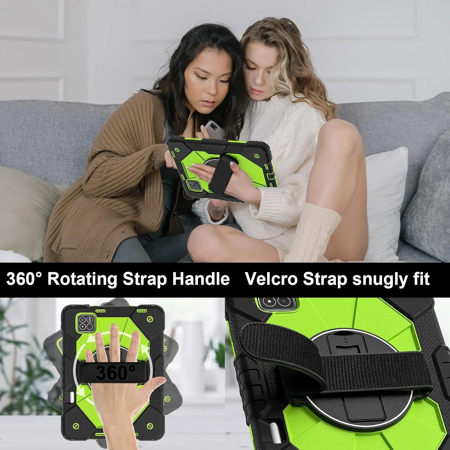 Full Protective Case Compatible with Xiaomi Pad7/Xiaomi Pad7 Pro 2024 Shockproof Kids Case,[Kickstand] [Shoulder Strap] 360 Degree Rotating Hand Strap Stand Bracket Heavy Duty Rugged Cover(Black Green