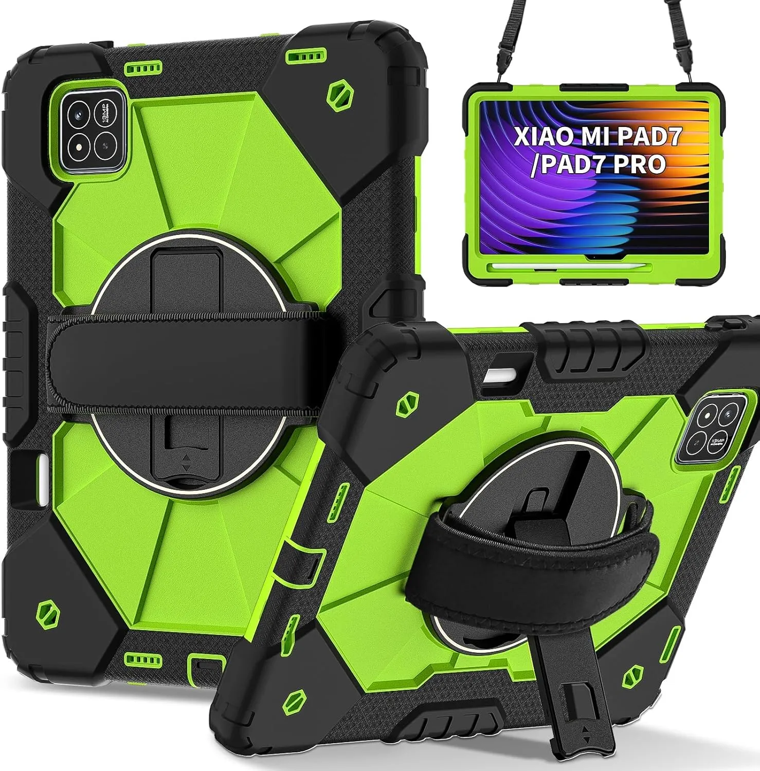 Full Protective Case Compatible with Xiaomi Pad7/Xiaomi Pad7 Pro 2024 Shockproof Kids Case,[Kickstand] [Shoulder Strap] 360 Degree Rotating Hand Strap Stand Bracket Heavy Duty Rugged Cover(Black Green
