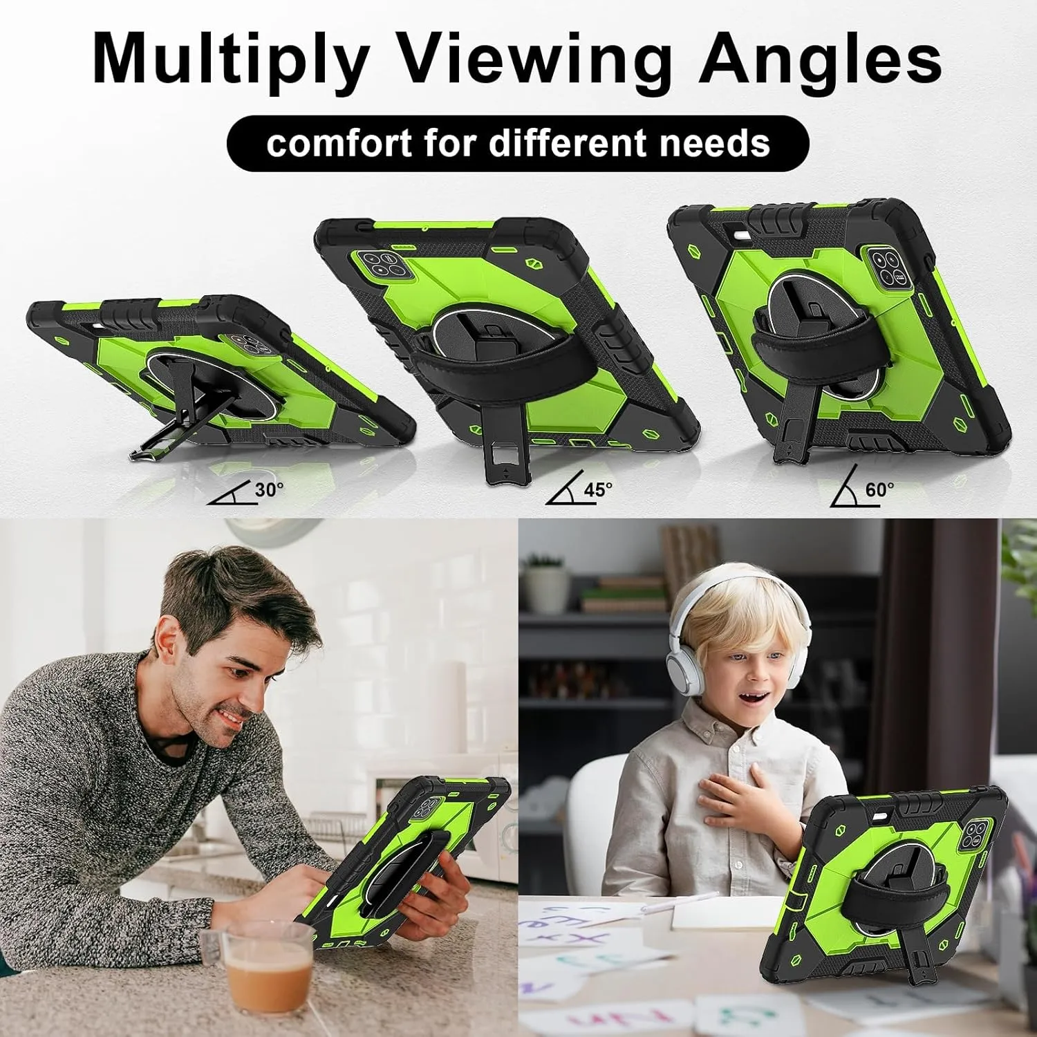 Full Protective Case Compatible with Xiaomi Pad7/Xiaomi Pad7 Pro 2024 Shockproof Kids Case,[Kickstand] [Shoulder Strap] 360 Degree Rotating Hand Strap Stand Bracket Heavy Duty Rugged Cover(Black Green