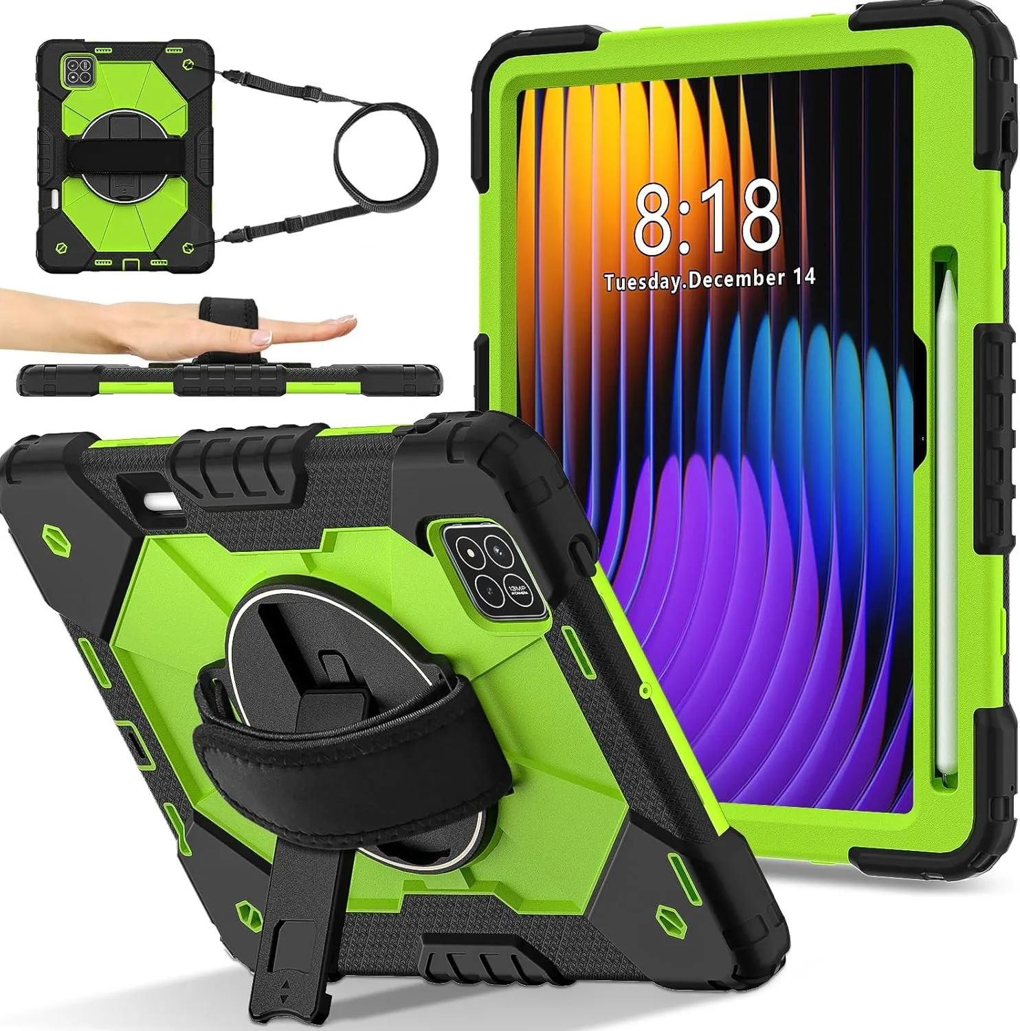 Full Protective Case Compatible with Xiaomi Pad7/Xiaomi Pad7 Pro 2024 Shockproof Kids Case,[Kickstand] [Shoulder Strap] 360 Degree Rotating Hand Strap Stand Bracket Heavy Duty Rugged Cover(Black Green