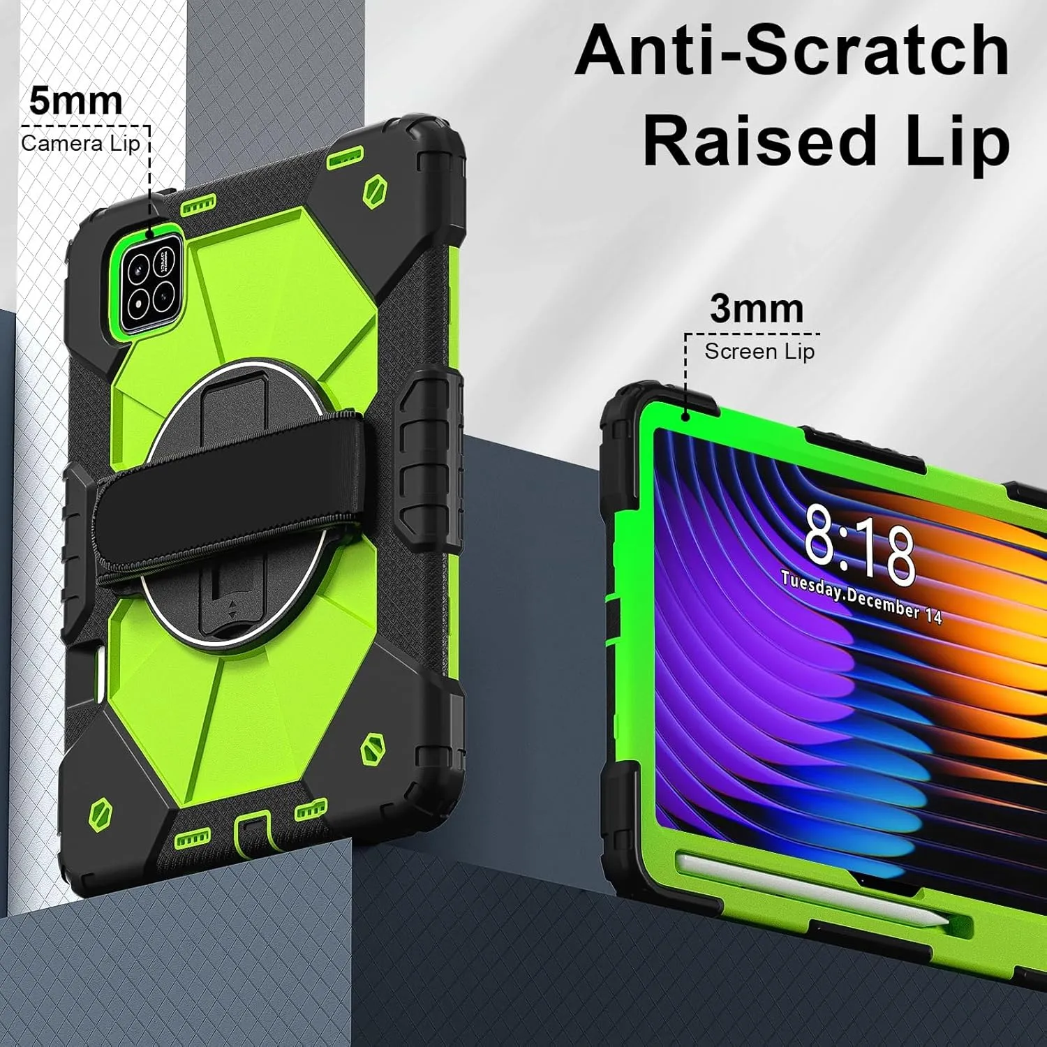 Full Protective Case Compatible with Xiaomi Pad7/Xiaomi Pad7 Pro 2024 Shockproof Kids Case,[Kickstand] [Shoulder Strap] 360 Degree Rotating Hand Strap Stand Bracket Heavy Duty Rugged Cover(Black Green