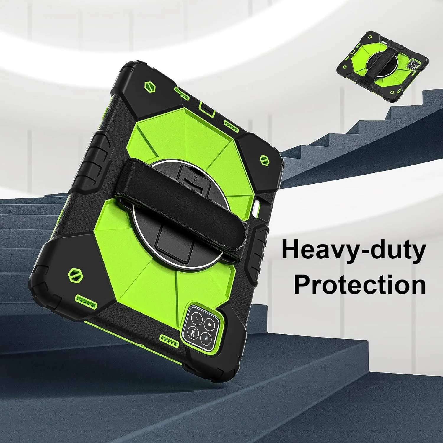 Full Protective Case Compatible with Xiaomi Pad7/Xiaomi Pad7 Pro 2024 Shockproof Kids Case,[Kickstand] [Shoulder Strap] 360 Degree Rotating Hand Strap Stand Bracket Heavy Duty Rugged Cover(Black Green