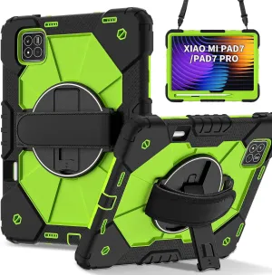 Full Protective Case Compatible with Xiaomi Pad7/Xiaomi Pad7 Pro 2024 Shockproof Kids Case,[Kickstand] [Shoulder Strap] 360 Degree Rotating Hand Strap Stand Bracket Heavy Duty Rugged Cover(Black Green