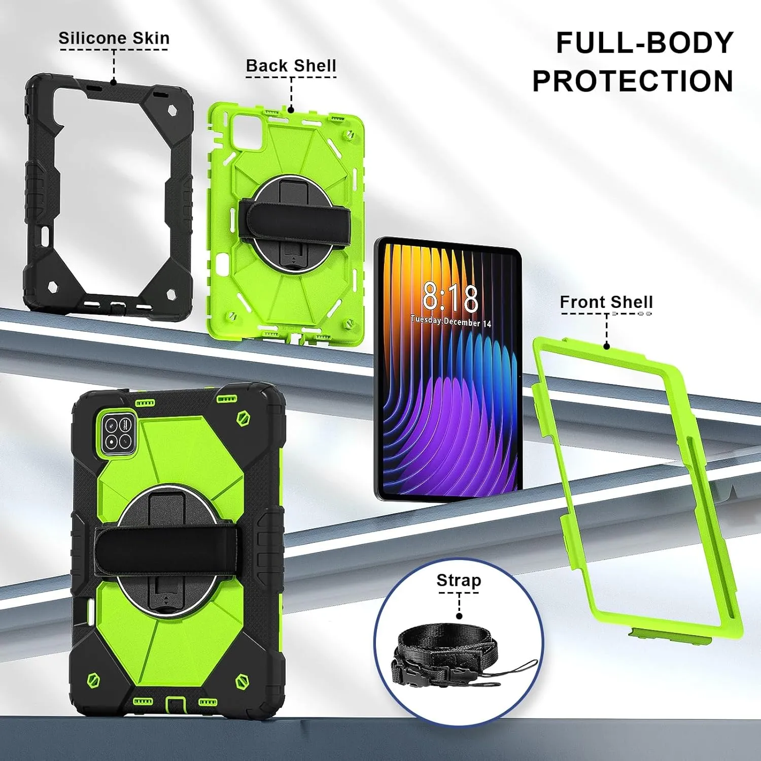 Full Protective Case Compatible with Xiaomi Pad7/Xiaomi Pad7 Pro 2024 Shockproof Kids Case,[Kickstand] [Shoulder Strap] 360 Degree Rotating Hand Strap Stand Bracket Heavy Duty Rugged Cover(Black Green
