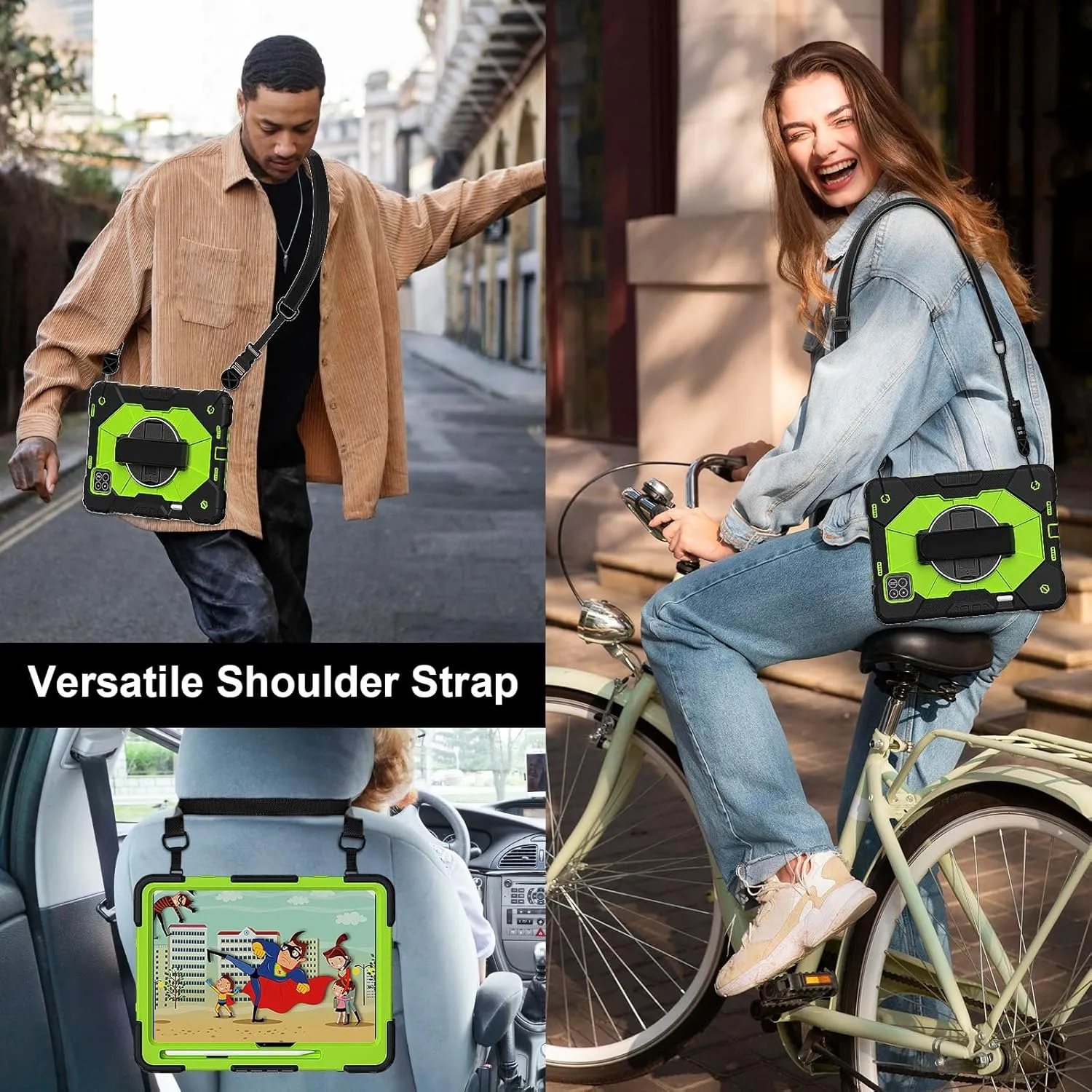 Full Protective Case Compatible with Xiaomi Pad7/Xiaomi Pad7 Pro 2024 Shockproof Kids Case,[Kickstand] [Shoulder Strap] 360 Degree Rotating Hand Strap Stand Bracket Heavy Duty Rugged Cover(Black Green