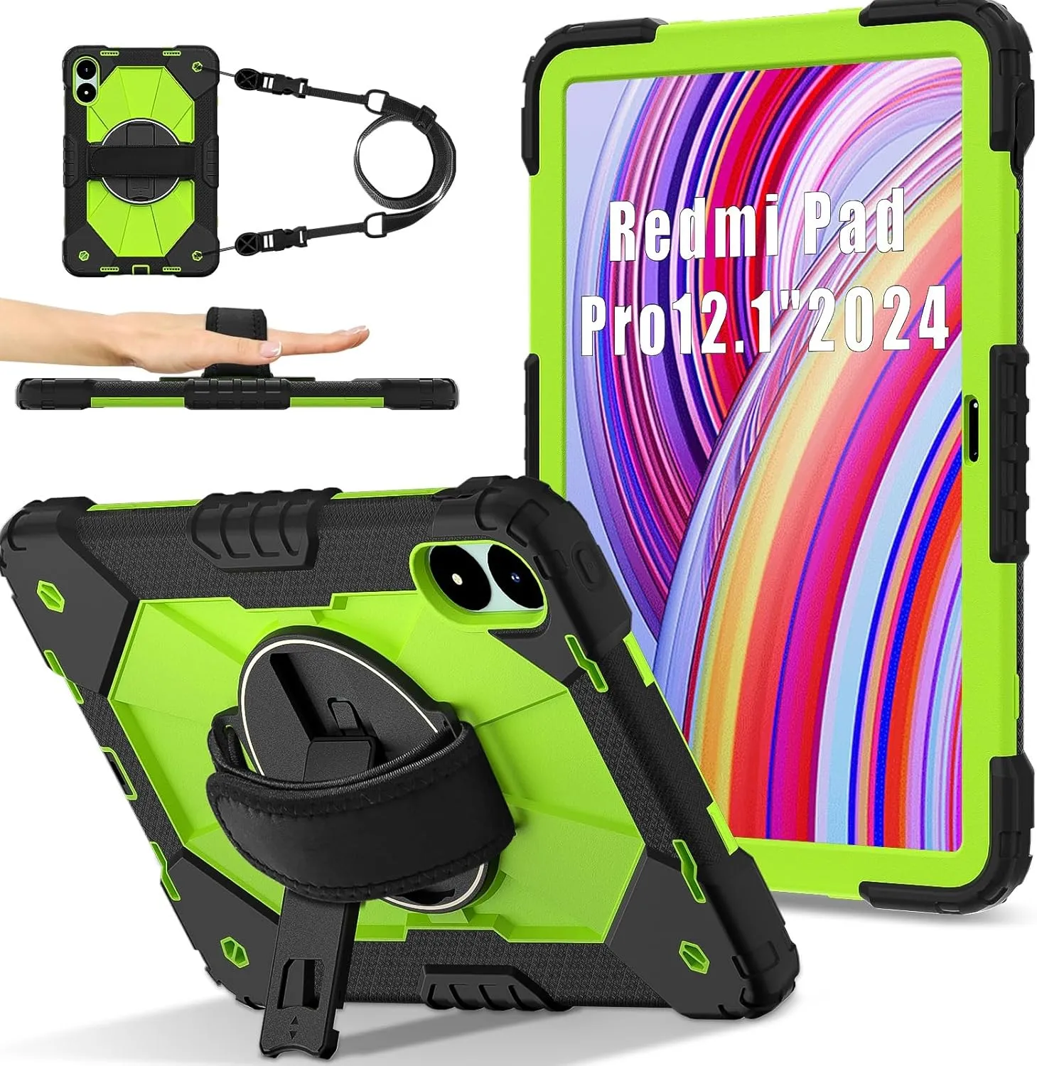 Full Protective Case Compatible with Xiaomi Poco Pad 12.1 2024/Redmi Pad Pro 12.1 Shockproof Kids Case,[Kickstand] [Shoulder Strap] 360 Degree Rotating Hand Strap Stand Bracket Heavy Duty Rugged Cover