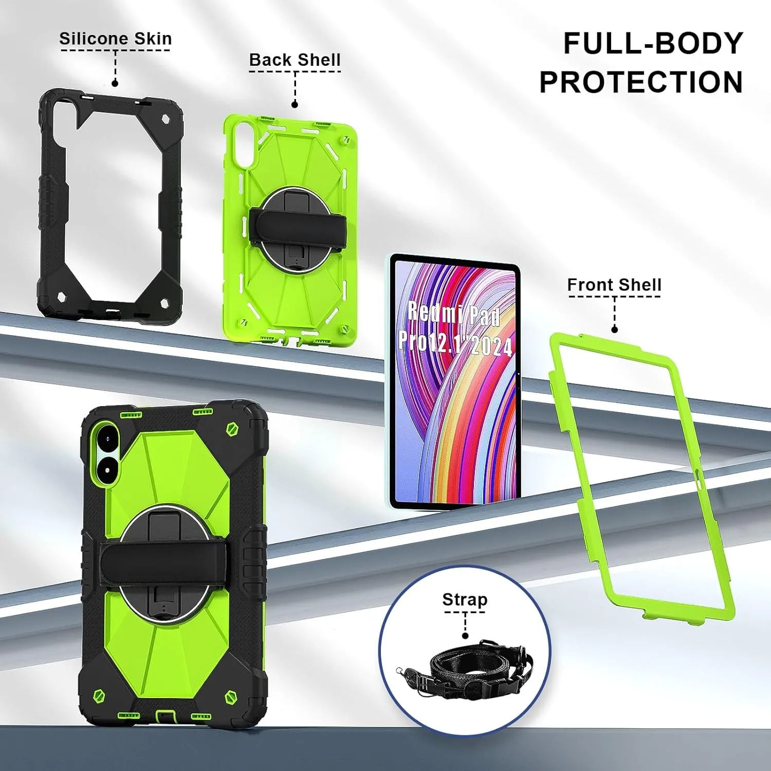 Full Protective Case Compatible with Xiaomi Poco Pad 12.1 2024/Redmi Pad Pro 12.1 Shockproof Kids Case,[Kickstand] [Shoulder Strap] 360 Degree Rotating Hand Strap Stand Bracket Heavy Duty Rugged Cover