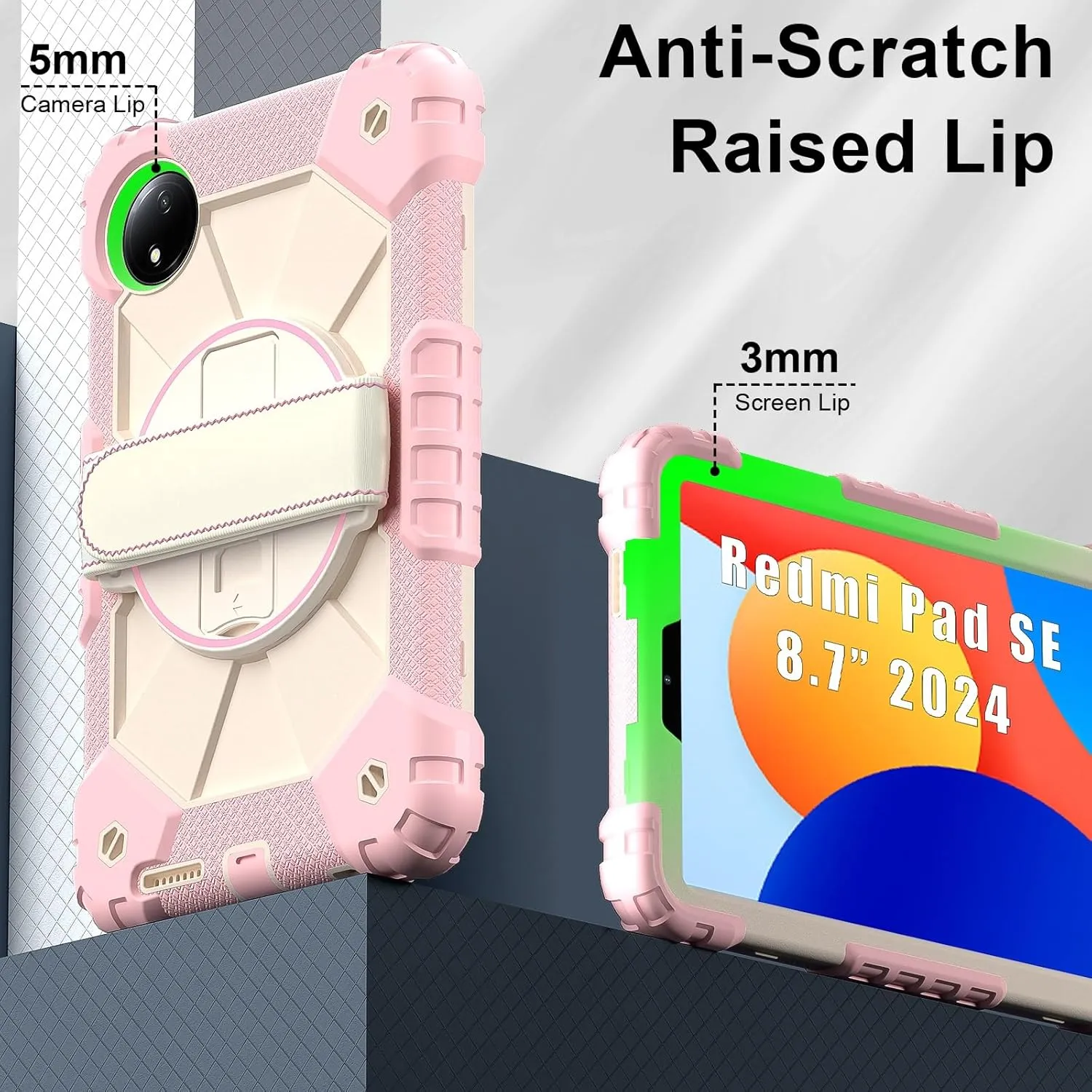 Full Protective Case Compatible with Xiaomi Redmi Pad SE 8.7inch Released 2024 Shockproof Kids Case,[Kickstand] [Shoulder Strap] 360 Degree Rotating Hand Strap Stand Bracket Heavy Duty Rugged Cover(Ro