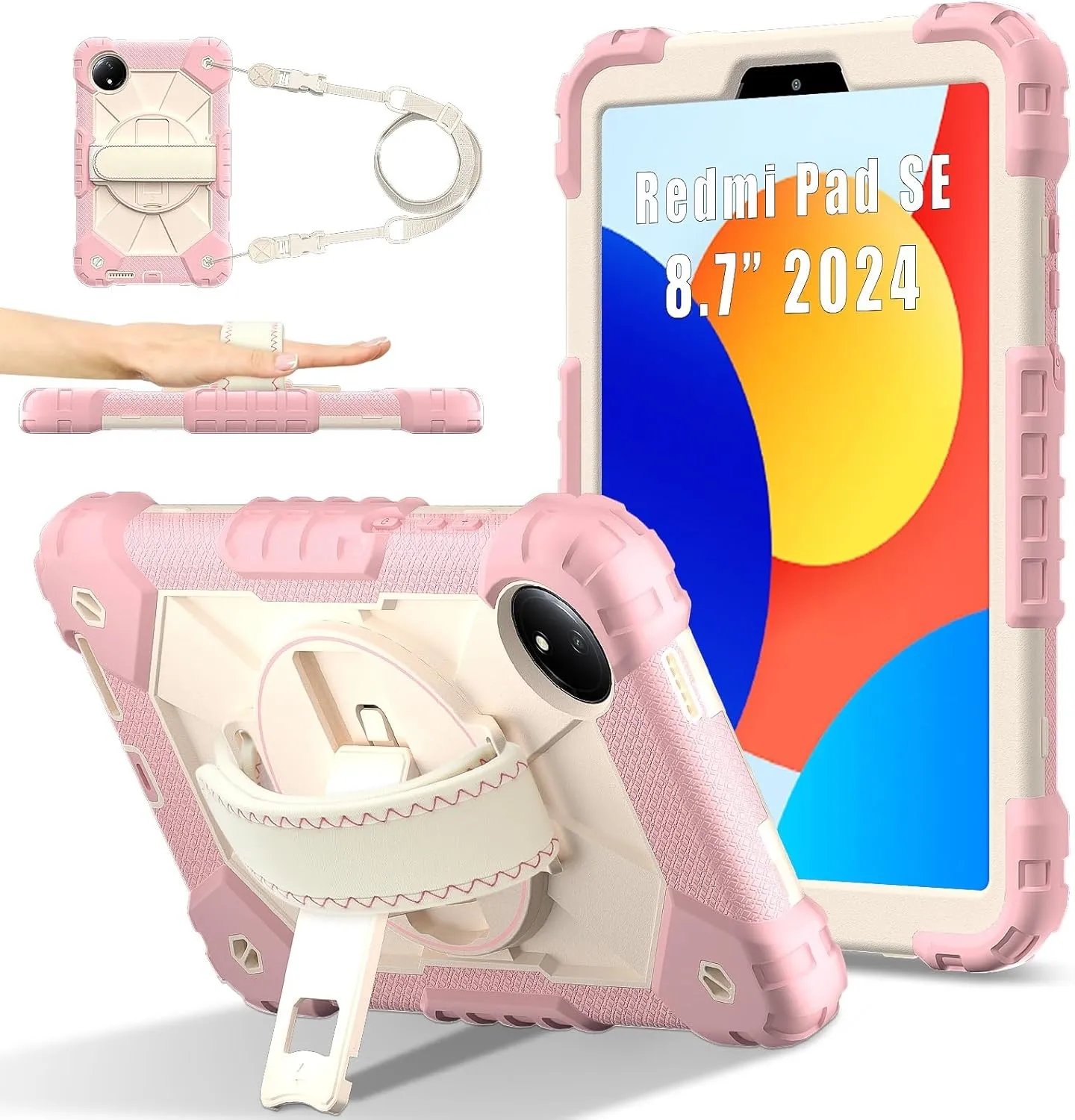 Full Protective Case Compatible with Xiaomi Redmi Pad SE 8.7inch Released 2024 Shockproof Kids Case,[Kickstand] [Shoulder Strap] 360 Degree Rotating Hand Strap Stand Bracket Heavy Duty Rugged Cover(Ro