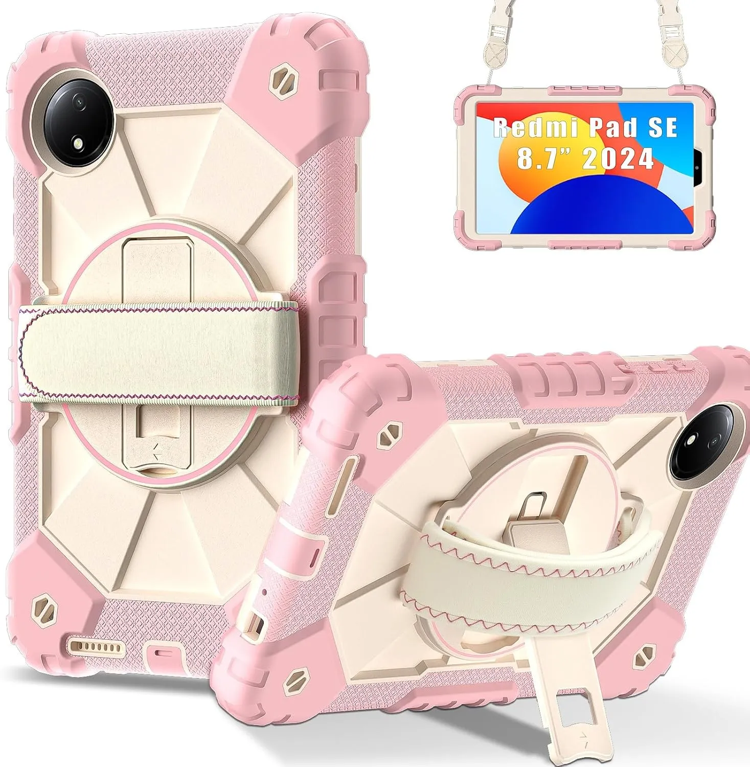 Full Protective Case Compatible with Xiaomi Redmi Pad SE 8.7inch Released 2024 Shockproof Kids Case,[Kickstand] [Shoulder Strap] 360 Degree Rotating Hand Strap Stand Bracket Heavy Duty Rugged Cover(Ro