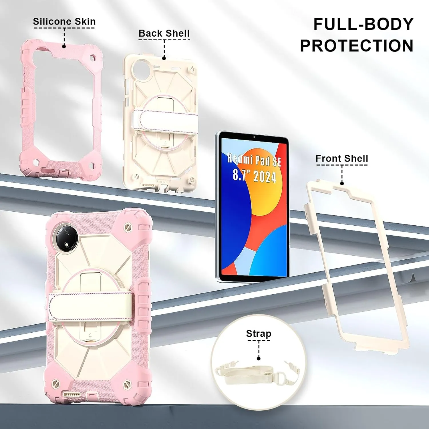 Full Protective Case Compatible with Xiaomi Redmi Pad SE 8.7inch Released 2024 Shockproof Kids Case,[Kickstand] [Shoulder Strap] 360 Degree Rotating Hand Strap Stand Bracket Heavy Duty Rugged Cover(Ro