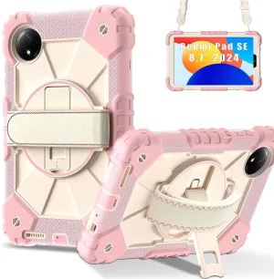 Full Protective Case Compatible with Xiaomi Redmi Pad SE 8.7inch Released 2024 Shockproof Kids Case,[Kickstand] [Shoulder Strap] 360 Degree Rotating Hand Strap Stand Bracket Heavy Duty Rugged Cover(Ro