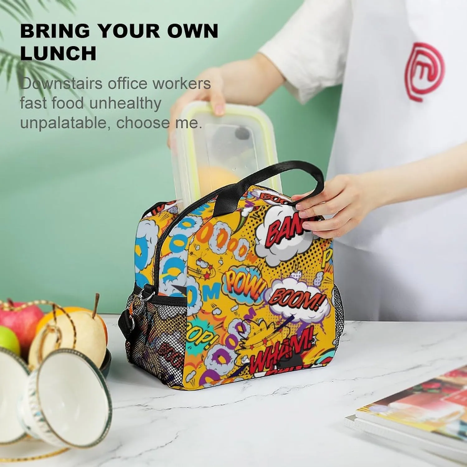 Fun Retro Comic Book Pop Art Explosions Reusable Large Capacity Insulated Crossbody Lunch Bag