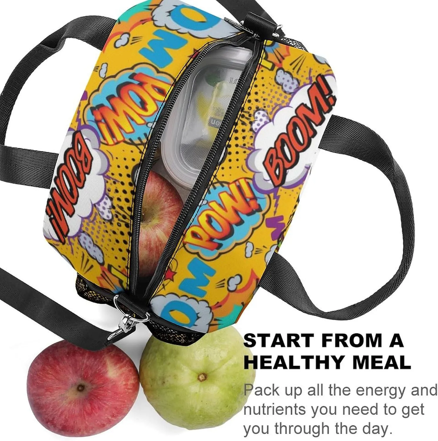 Fun Retro Comic Book Pop Art Explosions Reusable Large Capacity Insulated Crossbody Lunch Bag