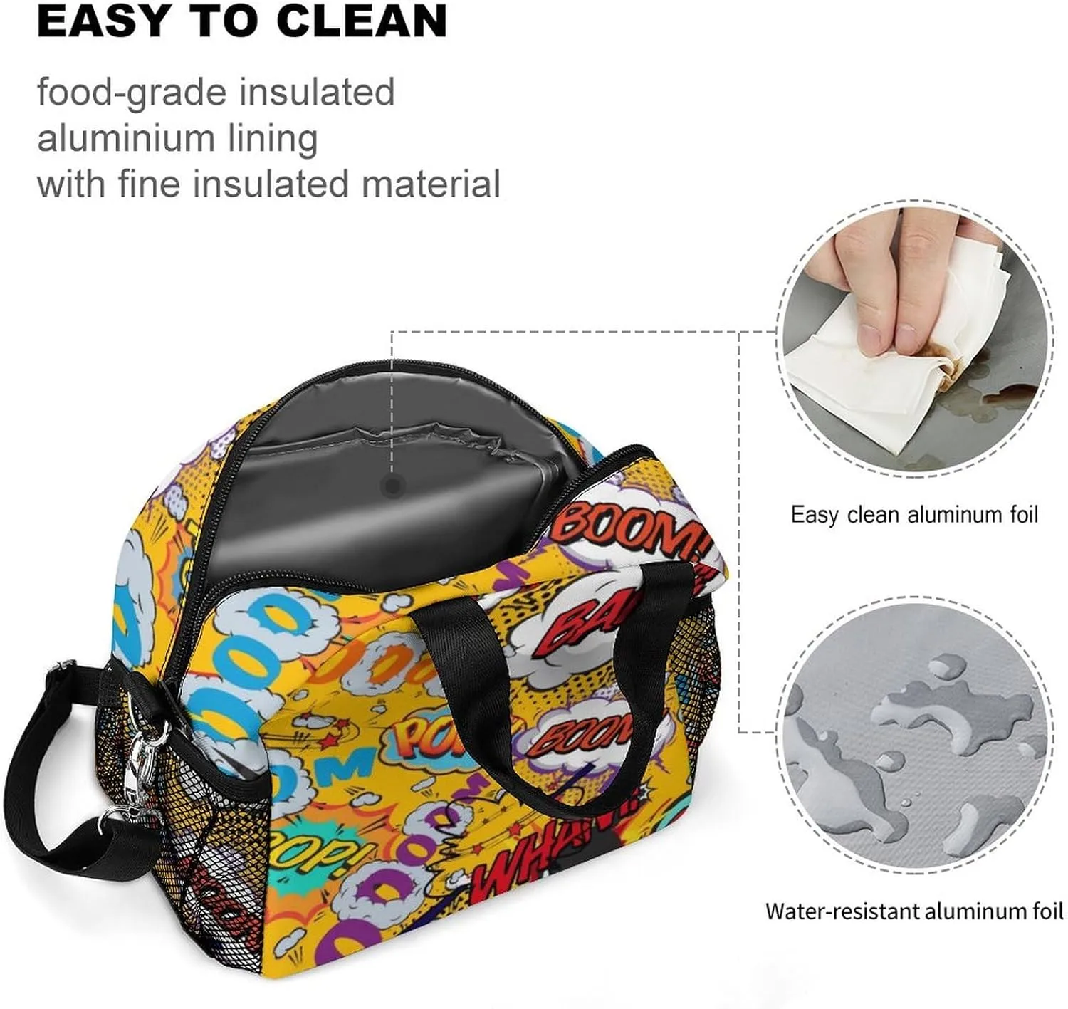Fun Retro Comic Book Pop Art Explosions Reusable Large Capacity Insulated Crossbody Lunch Bag