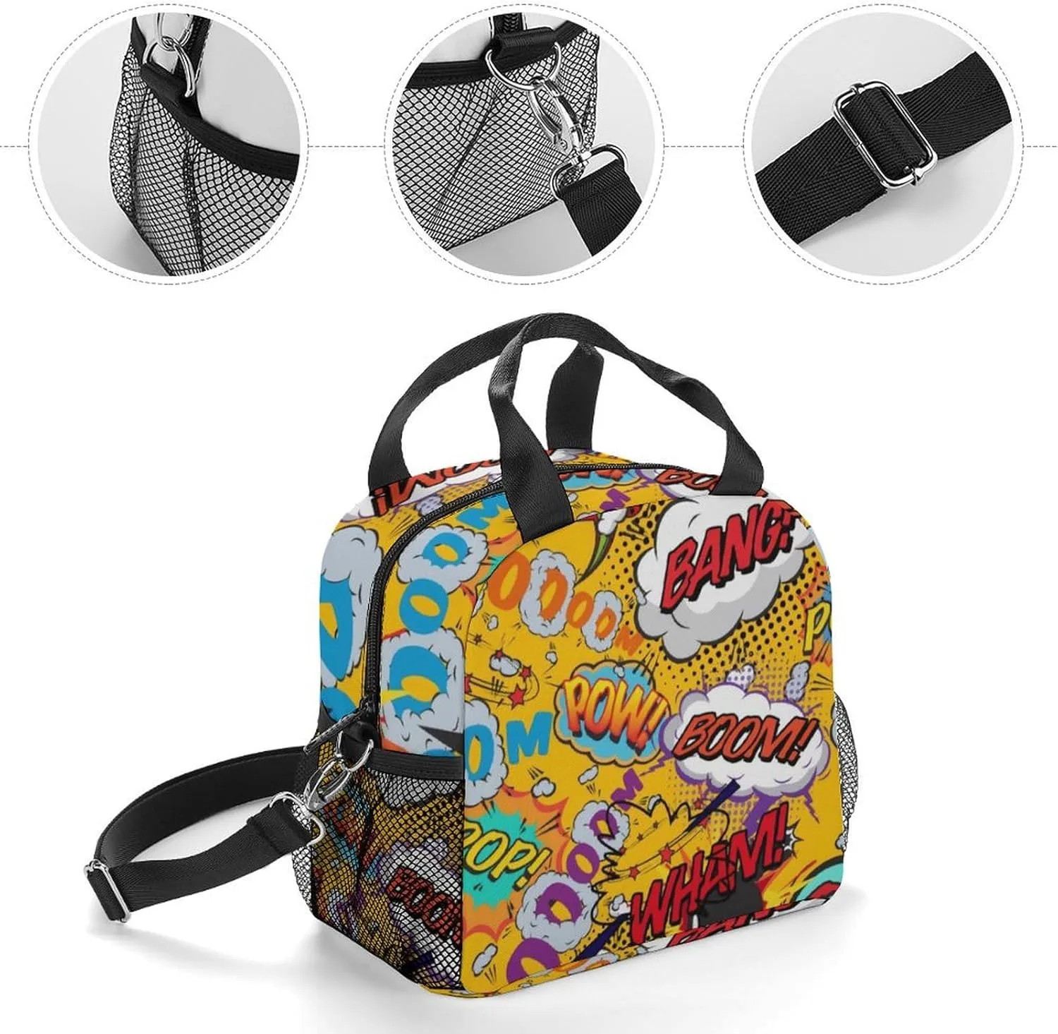 Fun Retro Comic Book Pop Art Explosions Reusable Large Capacity Insulated Crossbody Lunch Bag