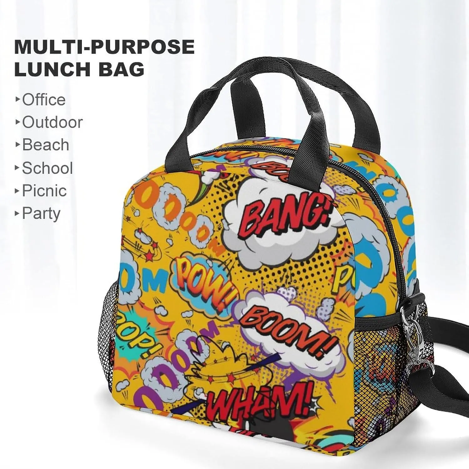 Fun Retro Comic Book Pop Art Explosions Reusable Large Capacity Insulated Crossbody Lunch Bag