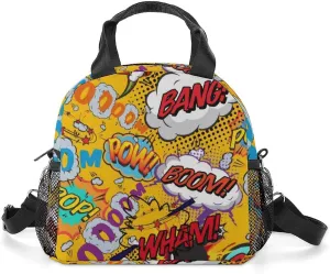Fun Retro Comic Book Pop Art Explosions Reusable Large Capacity Insulated Crossbody Lunch Bag