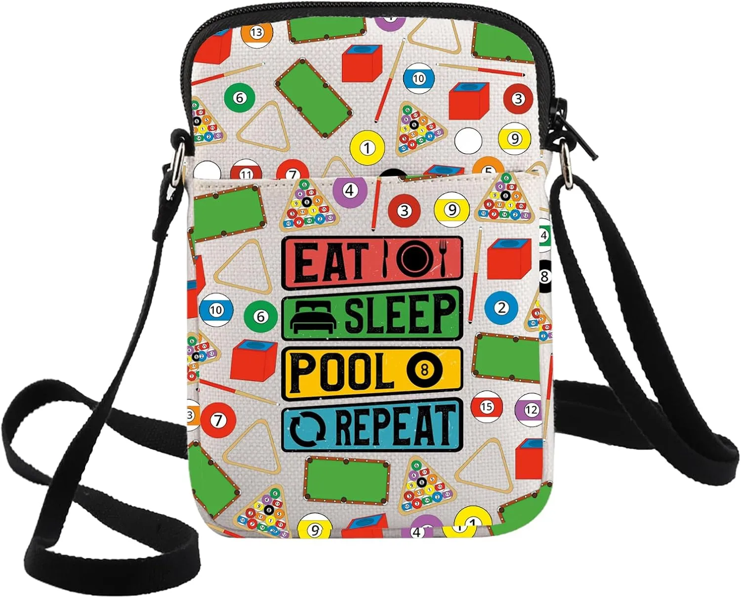 G2TUP Funny Billiard Crossbody Bag Pool Players Billiard Gifts Eat Sleep Pool Repeat Shoulder Bag Pool Billiards Ball Merch
