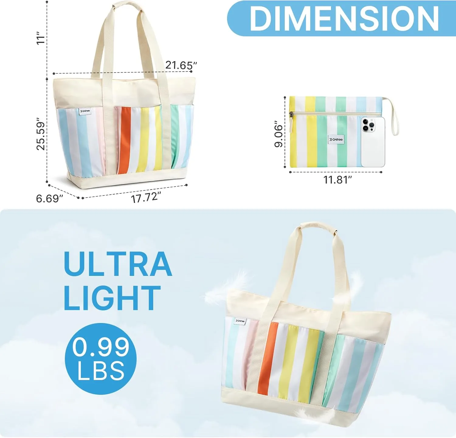 G4Free Beach Bag,Waterproof Beach Tote Pool Bags for Women,Compatible with Stanley Cup,Foldablefor Weekender Travel