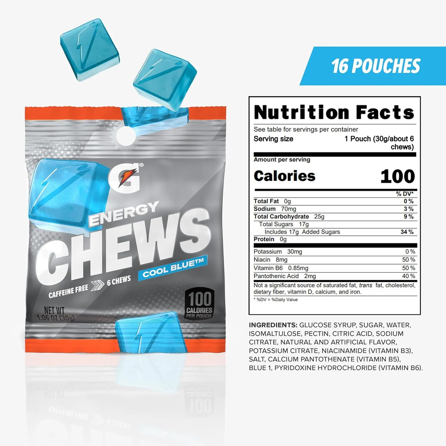 Gatorade Energy Chews, Cool Blue, Caffeine Free, B12, 1.06 oz - 100 Calorie Pouches, (16 Pack)