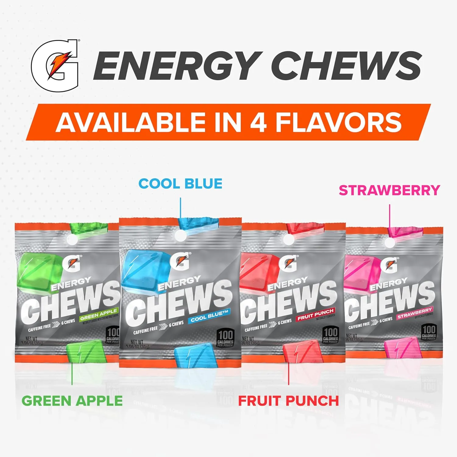 Gatorade Energy Chews, Cool Blue, Caffeine Free, B12, 1.06 oz - 100 Calorie Pouches, (16 Pack)