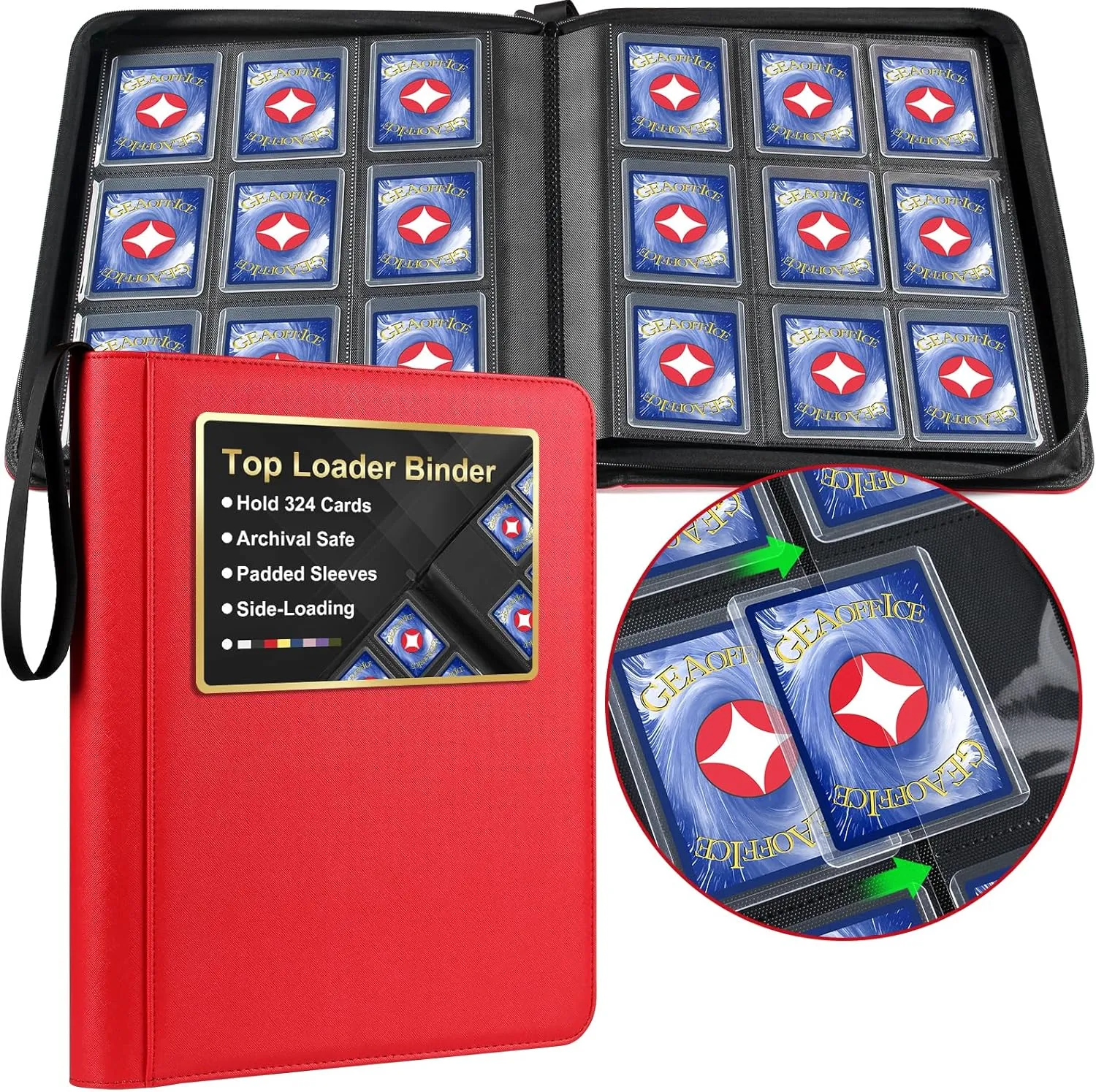 GEAoffice Premium Top Loader Binder 9 Pockets, Waterproof PU Leather Card Binder for Toploaders Holds 324 Cards, Side Loading Archival Safe Card Album Collection Binder for MTG, TCG, Sports Cards, Red