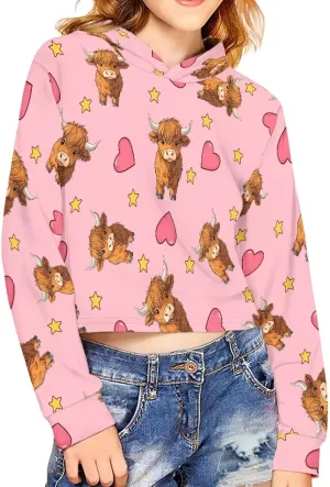 Girls Crop Tops Hoodies Cute Cartoon Graphic Cropped Hooded Sweatshirt 5-14 Y