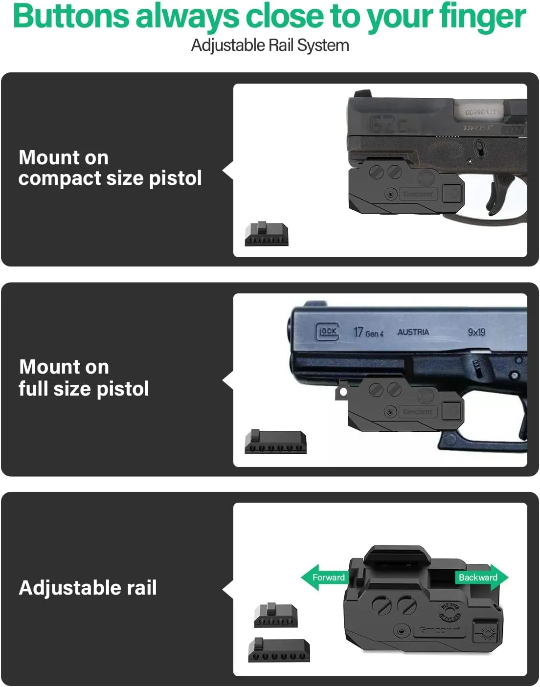 Gmconn Rechargeable Green/Blue/Red/IR/Purple Beam, Low Profile Beams Compatible with 21MM Rail
