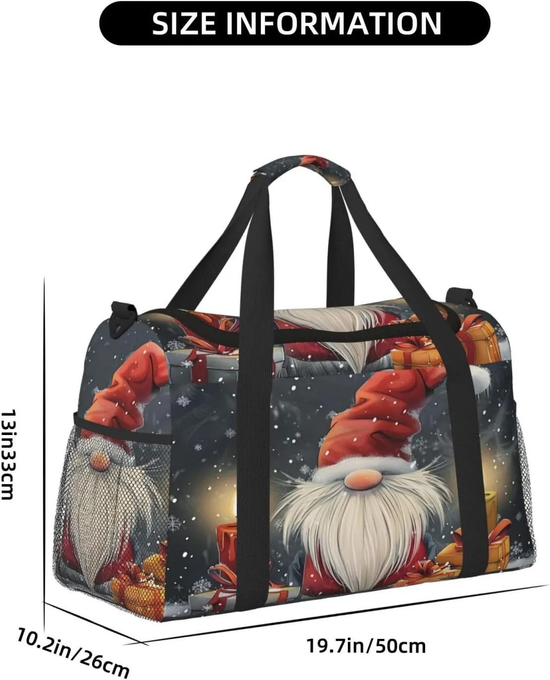 Gnome Merry Christmas Big Capacity Sports Gym Bag Portable Travel Duffle Bag, Winter Candle Lightweight Weekender Workout Bag for Overnight, Unisex