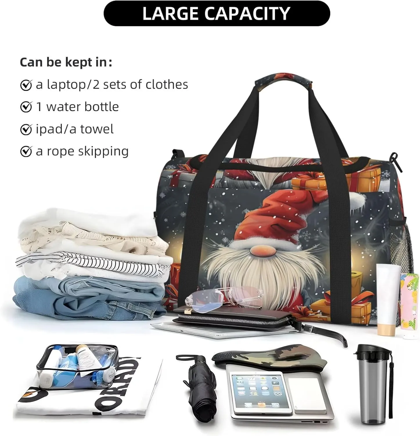 Gnome Merry Christmas Big Capacity Sports Gym Bag Portable Travel Duffle Bag, Winter Candle Lightweight Weekender Workout Bag for Overnight, Unisex