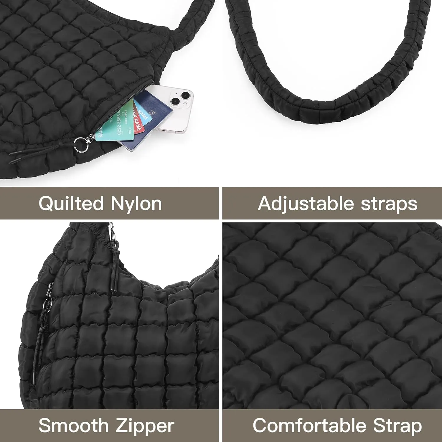 GOIACII Women Crossbody Shoulder Bag with Zipper, Nylon Quilted Puffer Hobo Bag for Women