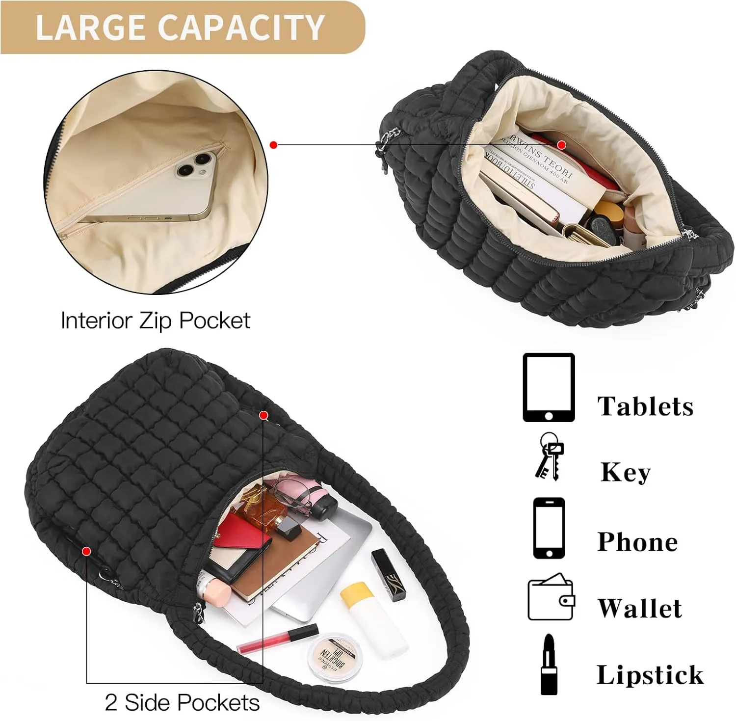 GOIACII Women Crossbody Shoulder Bag with Zipper, Nylon Quilted Puffer Hobo Bag for Women