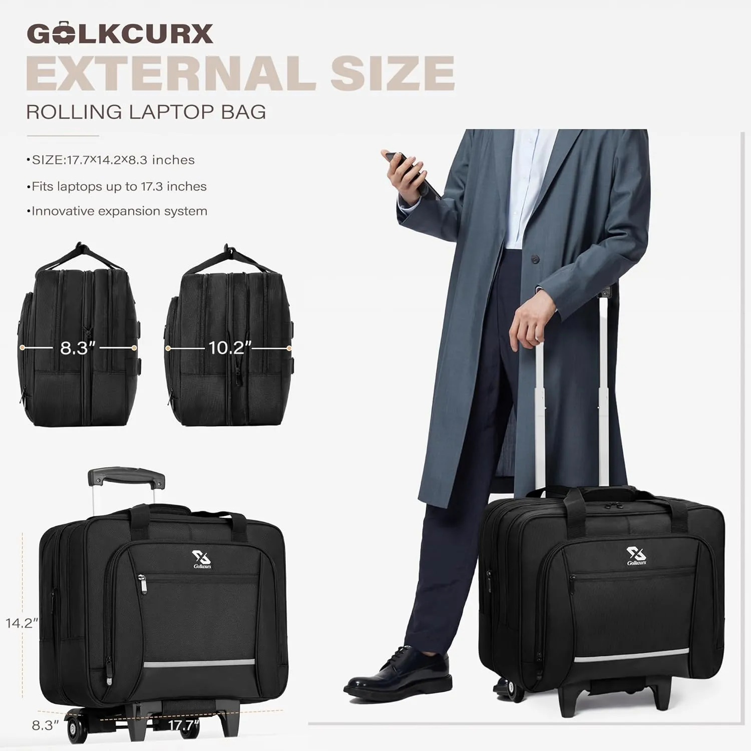 Golkcurx Rolling Laptop Bag with Wheels, Removable Water-Repellent Rolling Briefcase for Women and Men