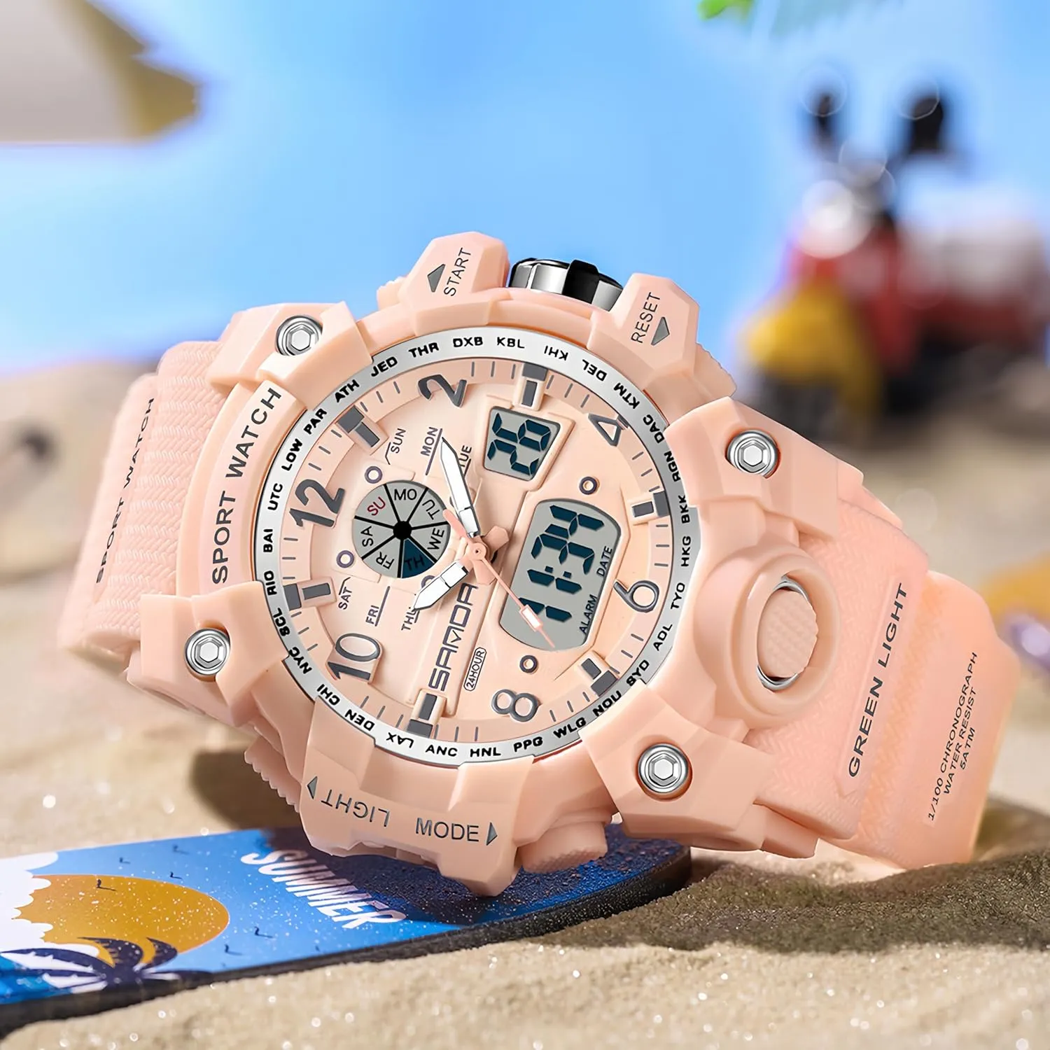 Gosasa Womens Digital Sports Watch 5ATM Waterproof Watch LED Light Large Face Analog Multifunctional Wrist Watches with Alarm Stopwatch Calendar Hourly Chime