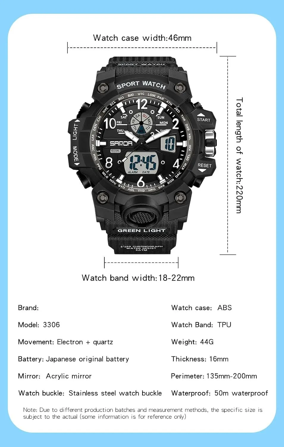 Gosasa Womens Digital Sports Watch 5ATM Waterproof Watch LED Light Large Face Analog Multifunctional Wrist Watches with Alarm Stopwatch Calendar Hourly Chime
